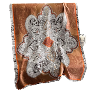 Châle en soie vintage à motif paisley marron avec bordure orange et style turc chic