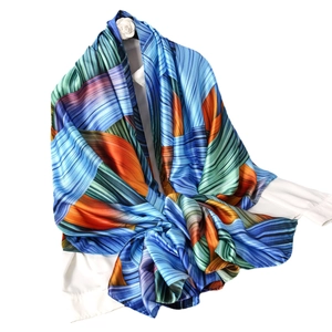 Colorful striped satin silk scarf with abstract linear pattern for spring fashion