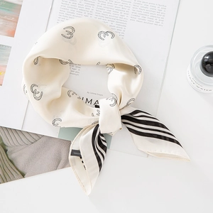 French Elegant Square Scarf Satin Polyester Horseshoe Print Striped Border Neck Scarf For Women Lightweight