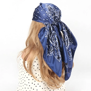 Navy blue paisley satin head scarf for women with white polka dots pattern
