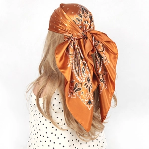 90cm vintage paisley satin silk scarf in caramel orange with elegant ethnic patterns
