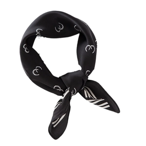 Elegant 70cm black satin square scarf with white equestrian chain print tied style