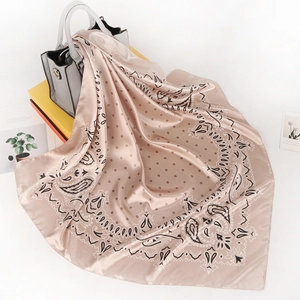 Satin champagne silk scarf with paisley and polka dot patterns for women