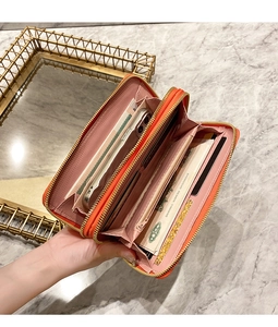 Portefeuille orange long avec double fermeture éclair et compartiments pour cartes et téléphone