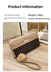 Detail of long zipper wallet with pompom charm, showing 20x11x4cm size and 200g weight