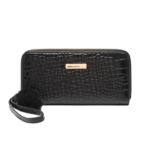 Women's black crocodile embossed long wallet with golden zipper and fluffy pompom keychain