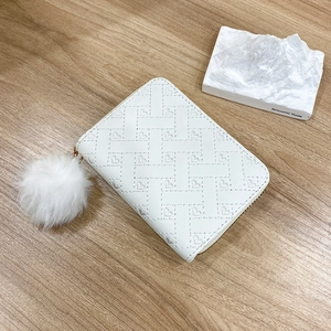 White quilted card holder with heart embroidery and fluffy faux fur pompom keychain