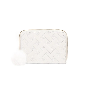 Mini quilted coin purse in white with faux fur pompom charm and gold zipper detail