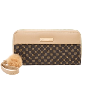 Contrast color long wallet with four-leaf clover print and yellow pompom charm