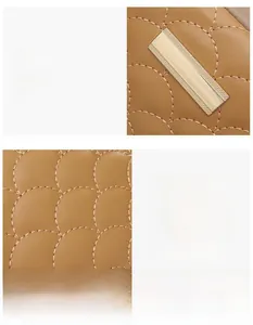 Detail of caramel brown quilted leather bag with polished gold metal hardware buckle