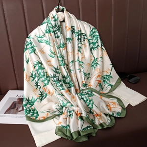 Elegant Bamboo Print Long Satin Scarf For Women Retro Chinese Style Satin-Like Shawl Fashion Sun Protection Wrap