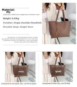 Comparaison de taille détaillée du grand sac cabas en similicuir marron avec A4 et iPad