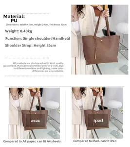 Comparaison de taille détaillée du grand sac cabas marron avec papier A4 et iPad