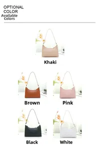 Selection of minimalist shoulder bags in khaki, brown, pink, black, and white colors