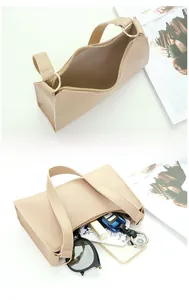 Detail showing the inner lining, zipper closure, and daily storage capacity of the beige bag