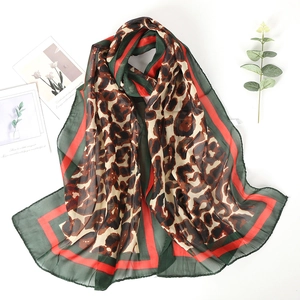 Lightweight leopard print chiffon scarf with red and green striped border for women
