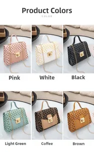 Collage of printed square handbags in six colors with gold chains and lock details