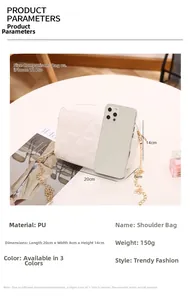 Detailed dimensions of the white quilted shoulder bag measuring 20x8x14cm with weight specs