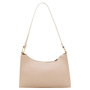 Minimalist beige leather baguette underarm bag with gold rings and long shoulder strap