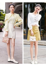 Chic outfits featuring printed crossbody handbags with checkered patterns and mini skirts