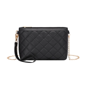 Elegant black quilted crossbody bag with gold chain strap and smooth PU leather texture