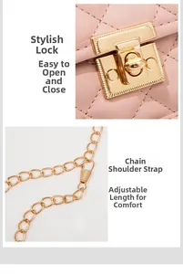 Close-up of golden rotary lock and adjustable chain strap on pink quilted crossbody bag