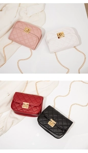 Detail of four quilted square crossbody bags with gold chains in pink white red and black