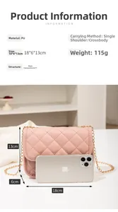 Pink quilted PU leather crossbody bag 18x6x13cm detail with golden chain strap