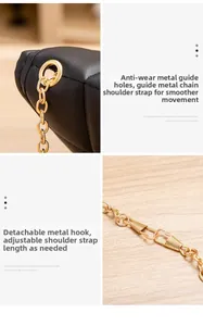 Detail of gold chain strap with removable metal hooks on quilted leather bag