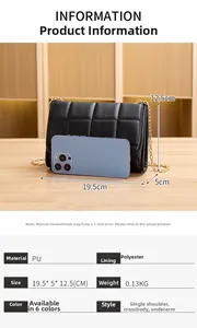 Detailed infographic of black quilted crossbody bag with size specs and gold chain strap