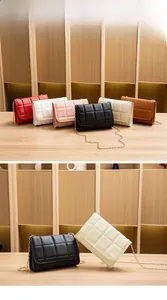Detailed display of quilted chain crossbody bags in six vibrant fashion colors