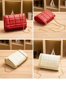 Detail view of quilted leather mini chain bags in vibrant red and elegant beige finish