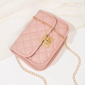 Pink quilted crossbody bag with gold chain strap and elegant metallic twist lock for women