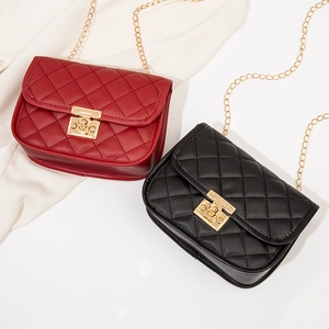 Elegant quilted chain crossbody bag in black and red with gold-tone hardware and buckle