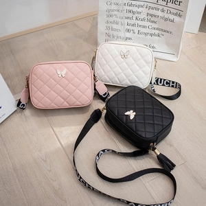 Women Quilted Crossbody Bag PU Leather Diamond Pattern Butterfly Decor Tassel Wide Letter Strap Fashion Camera Bag