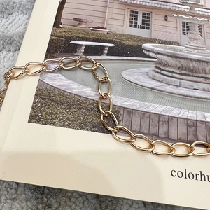 Detail of elegant gold metal chain strap on stone pattern bag with oval links