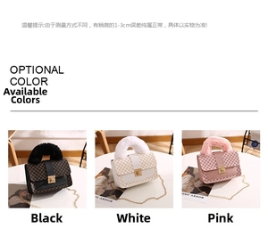 Close-up of printed square handbags with plush handles and metal buckles in three colors