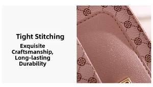Close-up of pink leather bag featuring floral pattern, precise stitching and gold buckle
