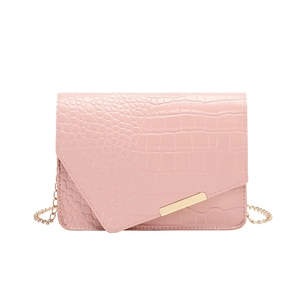 Pink crocodile-embossed mini square bag with gold chain strap and asymmetrical flap