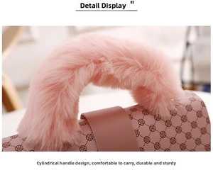 Detail of pink shoulder bag featuring a fuzzy plush handle and geometric heart pattern