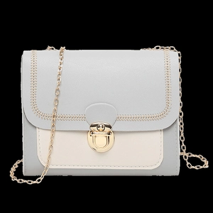 Blue and white color-block crossbody bag with gold chain strap and turn-lock closure