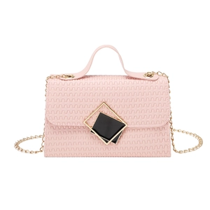 Pink embossed letter pattern crossbody bag with gold chain and top handle for women