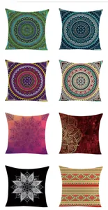 Eight unique Boho Mandala patterns shown in a grid on square peach skin pillow covers