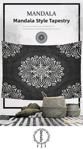 Detailed view of bohemian mandala wall tapestry with white geometric pattern on black