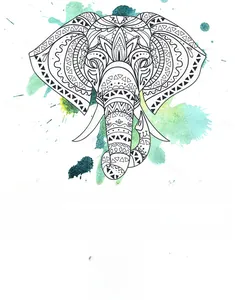 Detail of bohemian mandala elephant wall tapestry with artistic blue and teal ink splash
