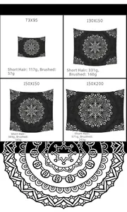 Detailed size chart for Mandala wall tapestry showing various dimensions and weights