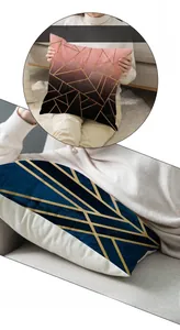 Détail de housses de coussin géométriques en lin rose et bleu moderne