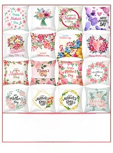Macro detail of sixteen Mother's Day pillow covers with pink floral patterns and typography