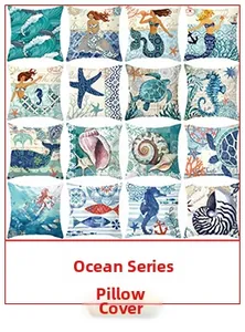 Grille détaillée montrant 16 taies d'oreiller océaniques avec étoiles de mer et sirènes