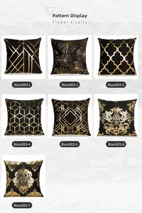 Detailed grid of seven black plush pillow covers with gold foil geometric patterns